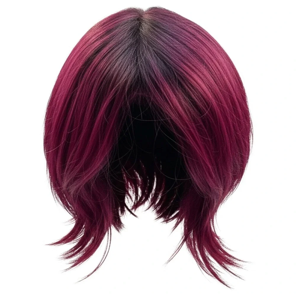 100% Human Hair Ombre Magenta Purple Bob Wig Dark Roots Layered Short Style